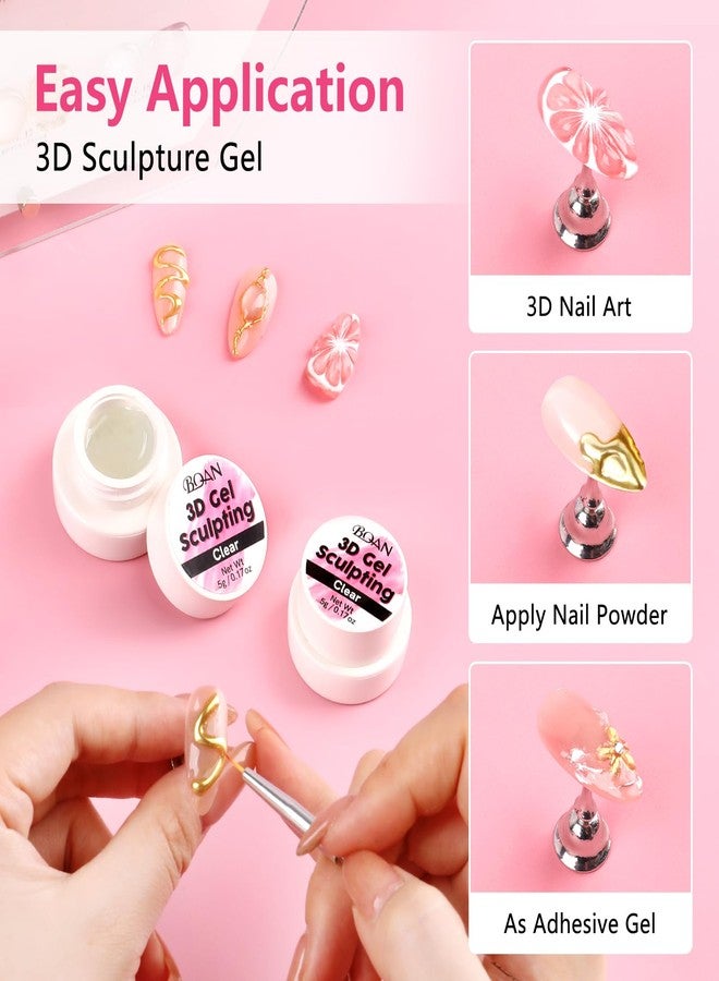 BQAN 3D Sculpting Gel Nail Art Kit - Clear No Wipe Gel 2Pcs 0.17oz, 3 Liner Brushes & Chrome Powder for Professional DIY Salon Quality Manicure Designs - Image 2